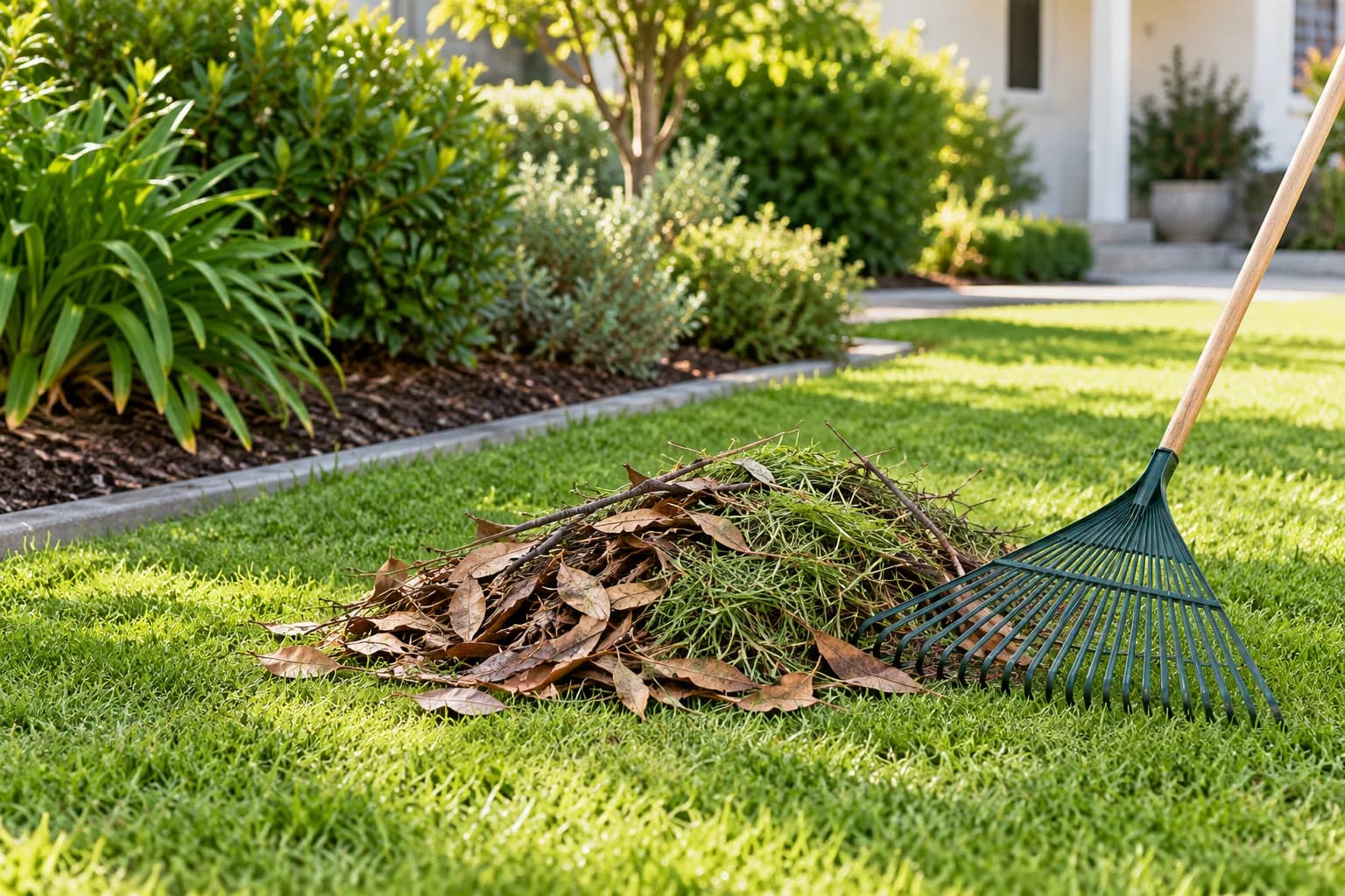 A rake beside gathered leaves, grass clippings and small twigs