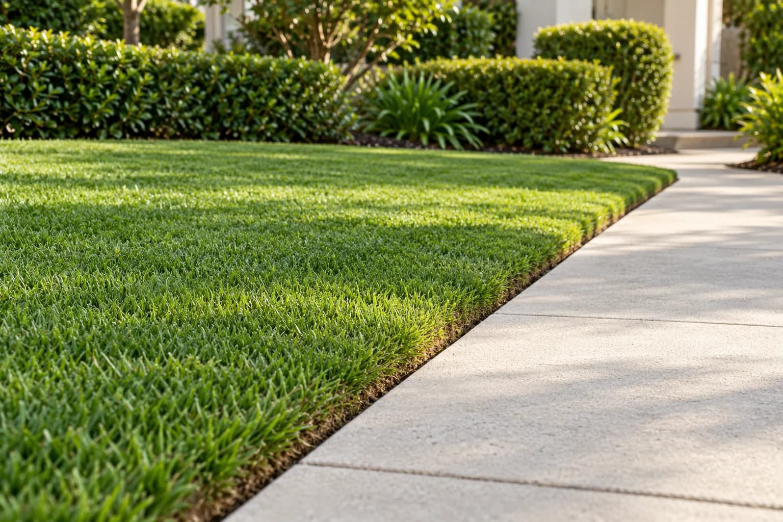 A neatly edged lawn beside a garden path