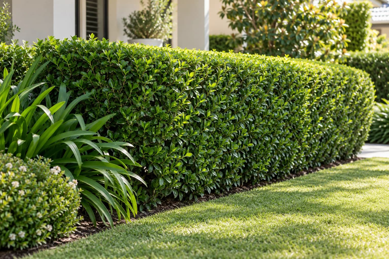 A neatly trimmed green hedge and garden plants