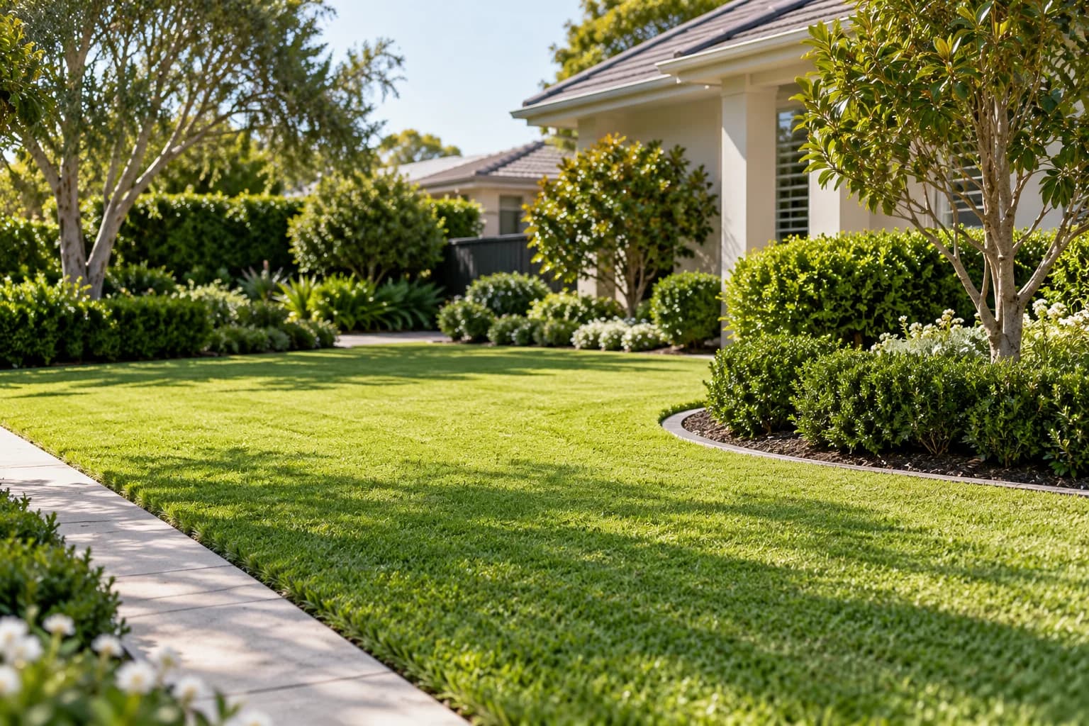 A tidy residential yard with a green lawn and maintained garden beds